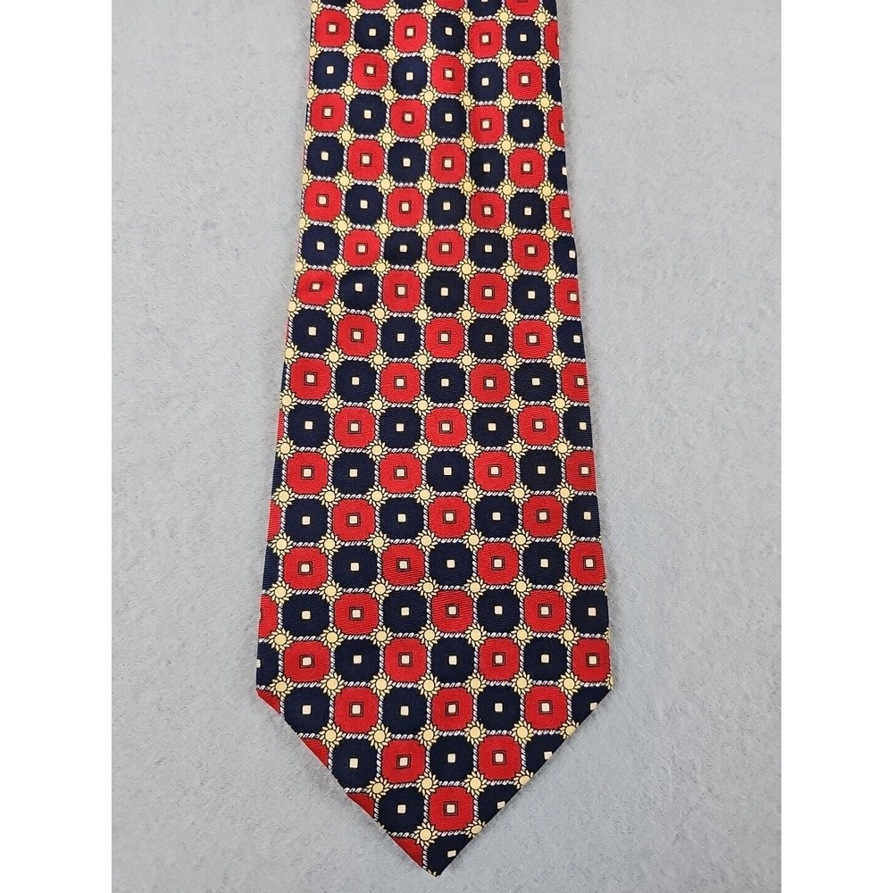 Rochas Paris 100% Silk Neck Tie Colorful Geo Circle‎ Print Handmade Red Blue